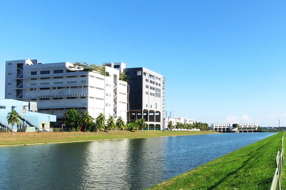 Modern white office buildings beside a canal, with grassy bank under clear blue sky